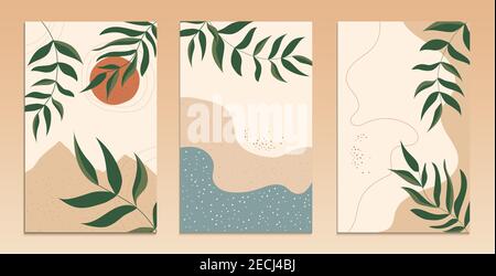 Set astratto sfondo natura moderna - vendita estiva, contenuti promozionali sui social media. Foglie, sund, mare, spiaggia e montagne. Design per poster, auto Illustrazione Vettoriale