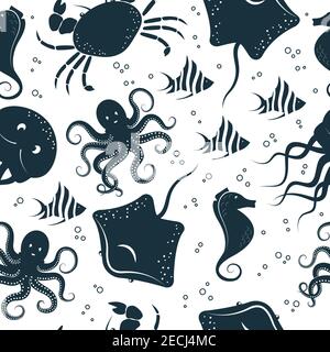Animali marini e pesci oceanici silhouette piatta disegnata a mano motivo senza cuciture su sfondo bianco per stampa, tessuti, carta da parati, confezioni Illustrazione Vettoriale