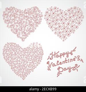 Forme vettoriali di cuore con elementi di San Valentino e lettere Buon San Valentino. Di colore bianco su sfondo rosso. Illustrazione Vettoriale