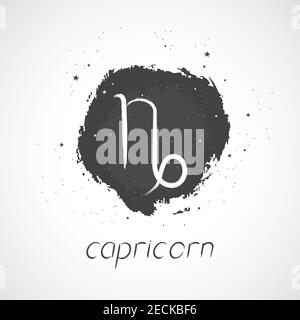 Illustrazione vettoriale con il segno zodiacale disegnato a mano CAPRICORNO su uno sfondo di inchiostro grunge. Monocromatico. Illustrazione Vettoriale