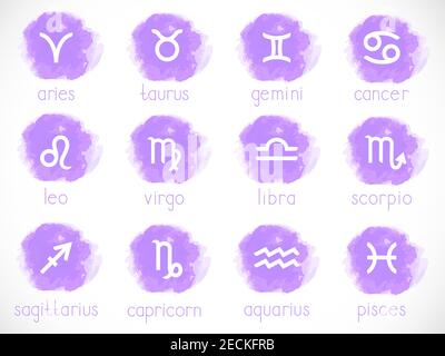 Insieme vettoriale di segni zodiacali con elementi acquerelli. Disegnato a mano. Collezione di simboli dell'oroscopo: ariete, toro, gemelli, cancro, leone, vergine, libra, scorp Illustrazione Vettoriale
