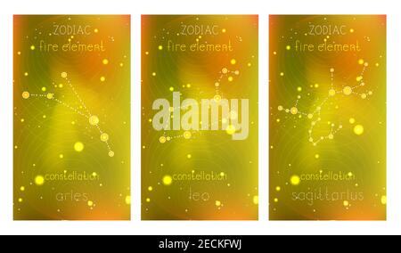 Set di tre carte con costellazioni zodiacali e simbolo geometrico su sfondo astratto con stelle. Raccolta degli elementi del fuoco: Ariete, Leone Illustrazione Vettoriale