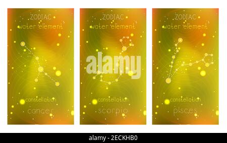 Set di tre carte con costellazioni zodiacali e simbolo geometrico su sfondo astratto con stelle. Raccolta degli elementi dell'acqua: Cancro, s Illustrazione Vettoriale