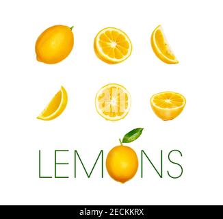 Viste multiple di limoni e fette solate su sfondo bianco. Tracciato di ritaglio. Foto Stock