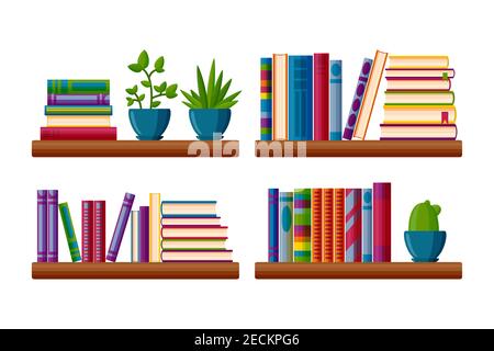 Scaffali con libri e piante in vaso. Libri in stile cartoon. Illustrazione vettoriale isolata su sfondo bianco Illustrazione Vettoriale