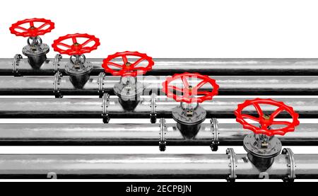 Rendering 3D di tubi in metallo lucido con valvole su sfondo bianco.Illustrazione di un'immagine digitale per applicazioni industriali. Foto Stock