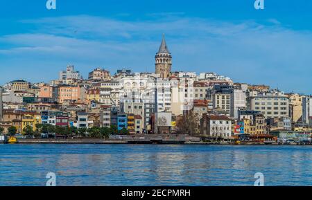 Istanbul, Turchia - 31 gennaio 2021 - splendida vista panoramica della zona di Galata con la Torre Galata vista dal Ponte di Galata Foto Stock