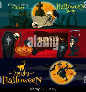 Cartoon Halloween party banner vettoriali e poster con messaggio di saluto e di editazione. Venerdì 13 laparone, Horror Coffins e scheletri notturni, Spooky Illustrazione Vettoriale