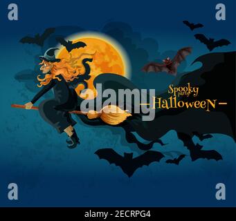 Biglietto d'auguri di Halloween con il personaggio della strega dei cartoni animati. Vecchia strega che vola sulla scopa con pipistrelli nel cielo notturno con luna piena. Vettore Halloween party decorati Illustrazione Vettoriale