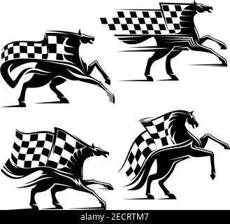 Cavallo con bandiera a scacchi. Emblema corse di cavalli. Auto corse icone vettoriali per club sportivo, bookmaker cartello, scudo squadra, badge, etichetta Illustrazione Vettoriale