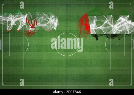 Iran vs Emirati Arabi Uniti Soccer Match, colori nazionali, bandiere nazionali, campo di calcio, gioco di calcio, concetto di competizione, Copy space Foto Stock