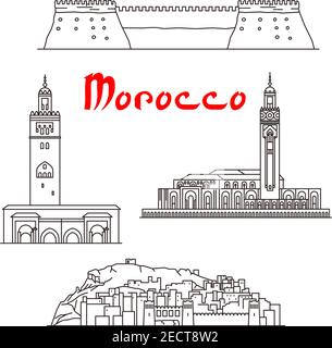 Monumenti storici, visite turistiche ed edifici del Marocco. Icone vettoriali di linea sottile della Moschea di Koutoubia, Ait ben Haddou, Moschea di Hassan II, Agadir Kasbah Illustrazione Vettoriale