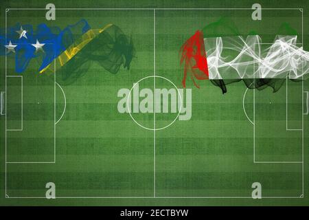 Solomon Islands vs Emirati Arabi Uniti Soccer Match, colori nazionali, bandiere nazionali, campo di calcio, gioco di calcio, concetto di competizione, Copy space Foto Stock