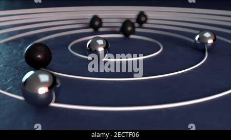 Via radiale per palline bianche e nere, generate al computer. rendering 3d dello sfondo isometrico Foto Stock