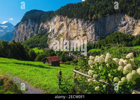 Splendidi giardini fioriti e luoghi naturali con alte cascate nella valle profonda, Lauterbrunnen, Oberland Bernese, Svizzera, Europa Foto Stock