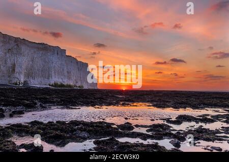 Febbraio alba lungo la costa durante la bassa marea e sotto La scogliera di gesso a Birling Gap East Sussex sud Inghilterra orientale Foto Stock