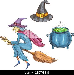 Carattere strega con elementi di Halloween stregess. Icone di schizzo isolate di Hag con cappello che vola sulla scopa, calderone bollente con pozione magica. Hallowee Illustrazione Vettoriale