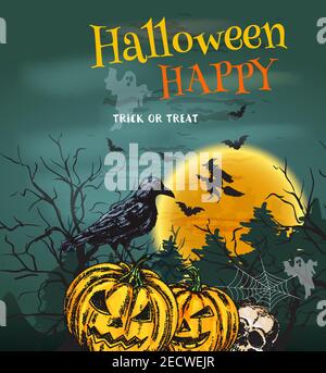 Poster della festa di Halloween con le sinistro zucche sorridenti. Trucco o trattare Halloween party carta di invito. Decorazioni dal design tradizionale con luna piena, w Illustrazione Vettoriale