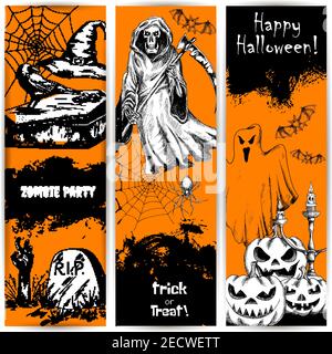Poster e banner arancioni per la festa di Halloween. Linea abbozzata zucca sorrisetto, peccaminoso death reaper, mano zombie, tomba cimitero. Orrore Illustrazione Vettoriale