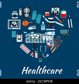Sfondo del poster dell'infografica medica a forma di cuore. Simboli vettoriali e icone delle attrezzature sanitarie e della sedia dentista terapeutica, operazione chirurgica t Illustrazione Vettoriale