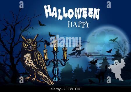 Happy biglietto d'auguri di Halloween scuro con elementi vettoriali di notte luna piena, foresta nera infestata, gufo notturno e pipistrelli volanti con fantasma spooky, strega o Illustrazione Vettoriale