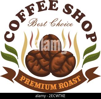 Emblema della caffetteria. Chicchi di caffè arrosto con foglie e nastro marrone. Modello vettoriale per menu caffetteria, cartello bar Illustrazione Vettoriale