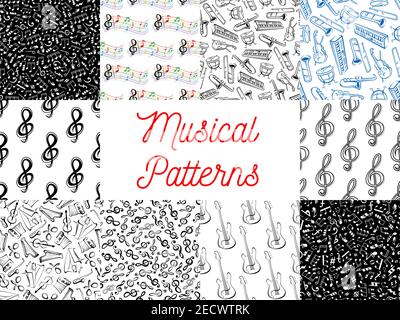 Note musicali e strumenti pattern sfondi. Sfondi senza cuciture con vettoriale doodle sketch musiche icone di treble clef, stave, piano, sassofono, Illustrazione Vettoriale