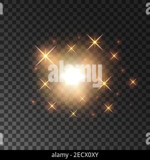 Scintillanti scintille di luce dorata. Particelle incandescenti e scintillanti che si disperdono su sfondo trasparente Illustrazione Vettoriale