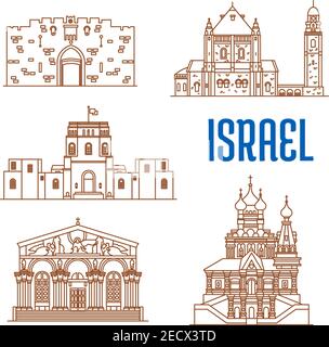 Israele vettore sottile linea icone di Lions Gate, Dormition Abbey, Rockefeller Museum, Chiesa di tutte le Nazioni, Chiesa di Maria Maddalena. Architettura storica Illustrazione Vettoriale