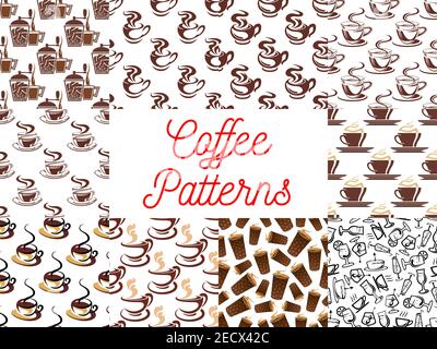 Sfondi con motivi senza cuciture per il caffè. Modelli vettoriali di tazza da caffè, macchina da caffè, macinacaffè vintage, macinacaffè retrò, chicchi di caffè, cocktail gl Illustrazione Vettoriale