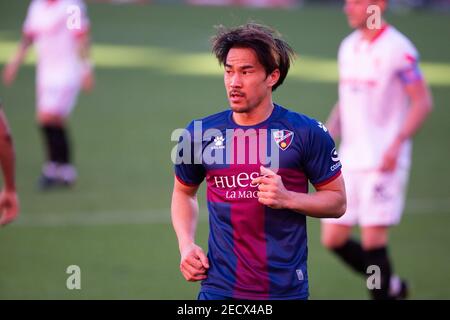 Shinji Okazaki di Huesca durante la partita di calcio del campionato spagnolo la Liga tra Sevilla FC e SD Huesca il 13 febbraio 2021 allo stadio Ramon Sanchez Pizjuan di Siviglia, Spagna - Foto Joaquin Corchero/Spagna DPPI/DPPI/LiveMedia/Sipa USA Credit: Sipa USA/Alamy Live News Foto Stock