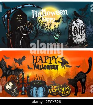 Buone bandiere di decorazione di Halloween. Zucca di Halloween, cielo pieno di luna sulla tomba. Vetector sketch Death Reaper in accappatoio con la falce, strega su magia volante Illustrazione Vettoriale