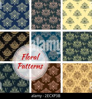 Paisley motivi floreali senza cuciture Set con fiori danty, decorato da ornamento etnico indiano con girls e curlicues. Stampa in tessuto, interna o wal Illustrazione Vettoriale