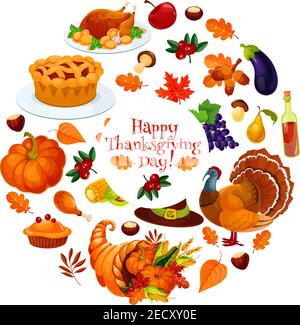 Felice adesivo giorno del Ringraziamento con corno vettoriale alla Cornucopia con abbondanza di cibo e verdure di raccolta, tacchino, zucca, torta, cappello. Design Illustrazione Vettoriale