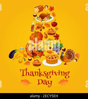 Simboli del giorno del ringraziamento a forma di cappello pellegrino. Emblema vettoriale della tradizionale zucca di festa del ringraziamento, torta di pollo tacchino arrosto, cornucopia, A. Illustrazione Vettoriale