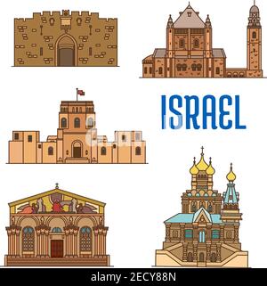 Israel vettore architettura dettagliata icone di Lions Gate, Dormition Abbey, Rockefeller Museum, Chiesa di tutte le Nazioni, Chiesa di Maria Maddalena. Histori Illustrazione Vettoriale