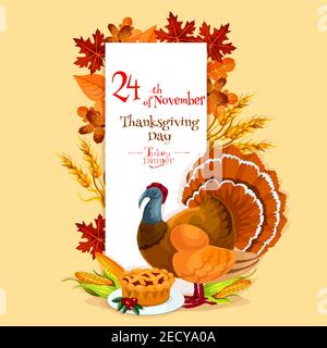 Modello di scheda di invito per il giorno del ringraziamento. Elementi di design con i simboli della cena di ringraziamento di tacchino, torta, zucca, mais, quercia autunnale, foglie d'acero Illustrazione Vettoriale