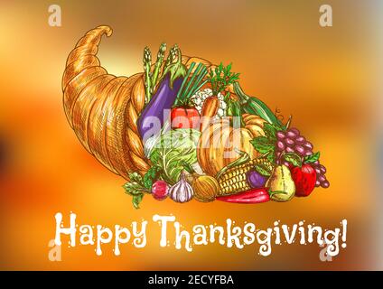 Felice biglietto di auguri per il giorno del Ringraziamento. Tradizionale raccolto frutti maturi di festa di ringraziamento stagione autunnale. Simbolo vettoriale della cornucopia con plen Illustrazione Vettoriale