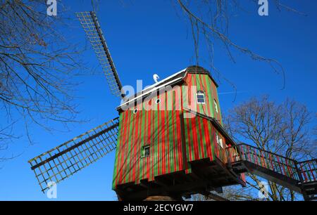 Viersen (Dulken), Germania - 9 febbraio. 2021: Vista oltre i gradini sul mulino a vento a righe di colore verde rosso (Narrenmuhle) contro il cielo blu in inverno Foto Stock