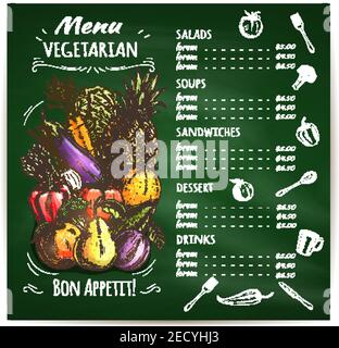 Menu del ristorante vegetariano modello con verdure abbozzate, frutta e layout calato di lista dei piatti con prezzi su lavagna verde Illustrazione Vettoriale