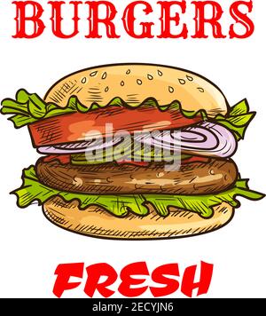 Burger fast food sketch icona. Hamburger fresco vettoriale con panino di sesamo, lattuga fresca, pomodori e fette di cipolla, cotoletta di carne. Elemento cheeseburger per Illustrazione Vettoriale