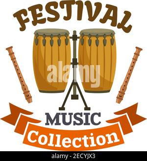 Batteria musicale. Emblema del festival musicale con icona vettoriale di cubano, kit di batteria conga africana, bastoni di batteria e nastro marrone Illustrazione Vettoriale