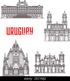 Viaggio uruguaiano monumenti simbolo con monumenti storici e religiosi. Cattedrale Metropolitana lineare di Montevideo, Chiesa Carmelitana, Palazzo legislativo, Illustrazione Vettoriale