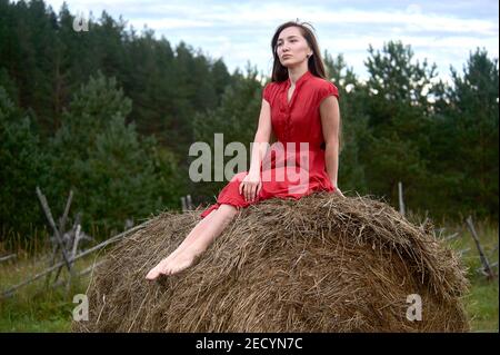 una ragazza in un vestito rosso si siede su un haystack e guarda in lontananza Foto Stock