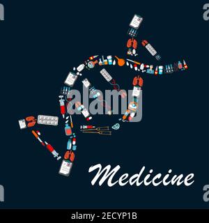 Simbolo dell'elica del DNA composto da flaconi di medicina, pillola, siringa, medico, provetta, matraccio da laboratorio, polmone, modulo di controllo medico, enema e schizzo di crutch Illustrazione Vettoriale