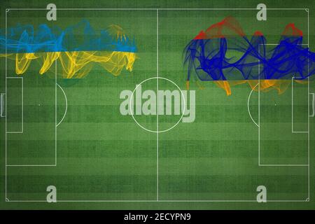 Ruanda vs Armenia Soccer Match, colori nazionali, bandiere nazionali, campo di calcio, gioco di calcio, concetto di competizione, spazio copia Foto Stock