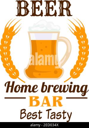 Emblema della birreria. Frizzante birra alla spina in tazza di vetro con testo e spighe di grano. Icona Home Brewing per adesivo pub birreria, etichetta, oktoberfest si Illustrazione Vettoriale