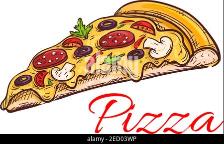 Pizza pepperoni schizzo isolato di pizza italiana sottile fetta, condito con formaggio, salsiccia, pomodoro, olive e funghi. Pizzeria, fast food, pizzeria o Illustrazione Vettoriale