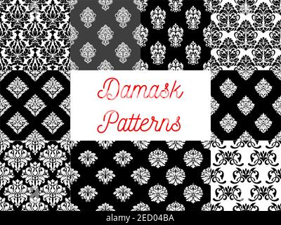 Set di modelli senza giunture Damask. Vettoriale stilizzato motivi floreali decorativi di stile Damasco. Piastrelle decorative con motivo floreale grafico su nero AN Illustrazione Vettoriale