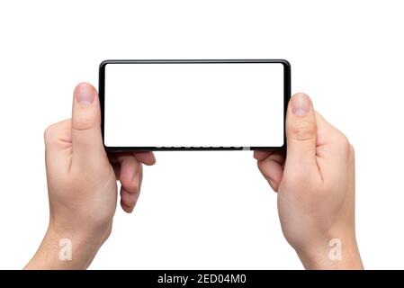 Mockup del dispositivo, mobile isolato su bianco. Smartphone moderno nelle mani Foto Stock